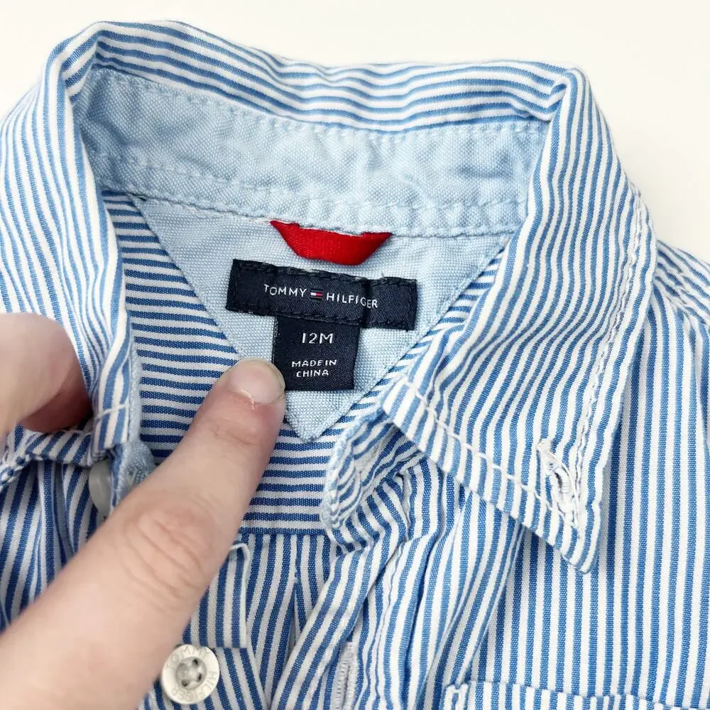 [Tommy Hilfiger] Blue White Striped Button Down Dress Shirt Cotton Size 12M Boys